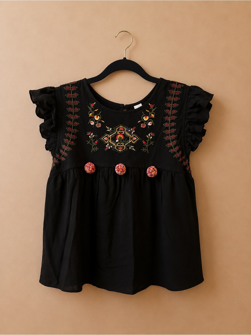 Embroidered Black Ruffle Sleeve Tunic Top